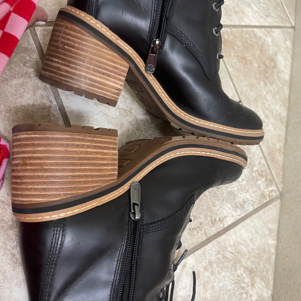 Timberland Sienna High Black Leather Lace Up Side Zip Block Heel Boots Women 8.5 - Picture 9 of 11